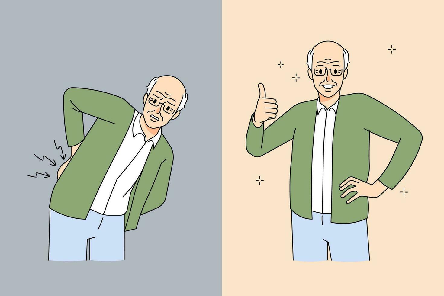 Old sick man bent over suffer from backache compared to healthy active one after medical treatment. Male pensioner recovers from back pain or spasm. Elderly healthcare. Vector illustration.