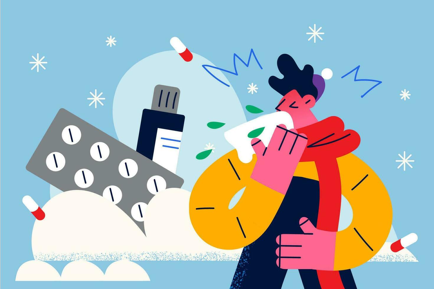 Unhealthy man coughing sneezing suffer from corona virus symptoms take medications. Unwell sick guy struggle with covid-19 have drugs and pills. Coronavirus, healthcare. Vector illustration.