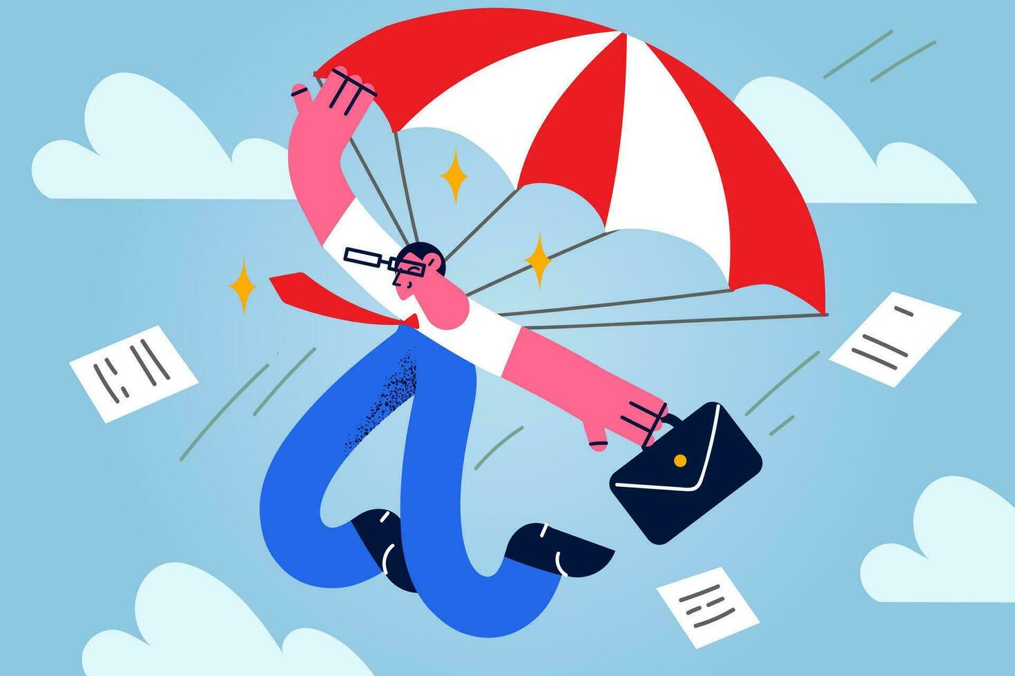 Businessman with briefcase flying on parachute in sky risking for business goal achievement or success. Male employee involved in risky project for aim or target accomplishment. Vector illustration.