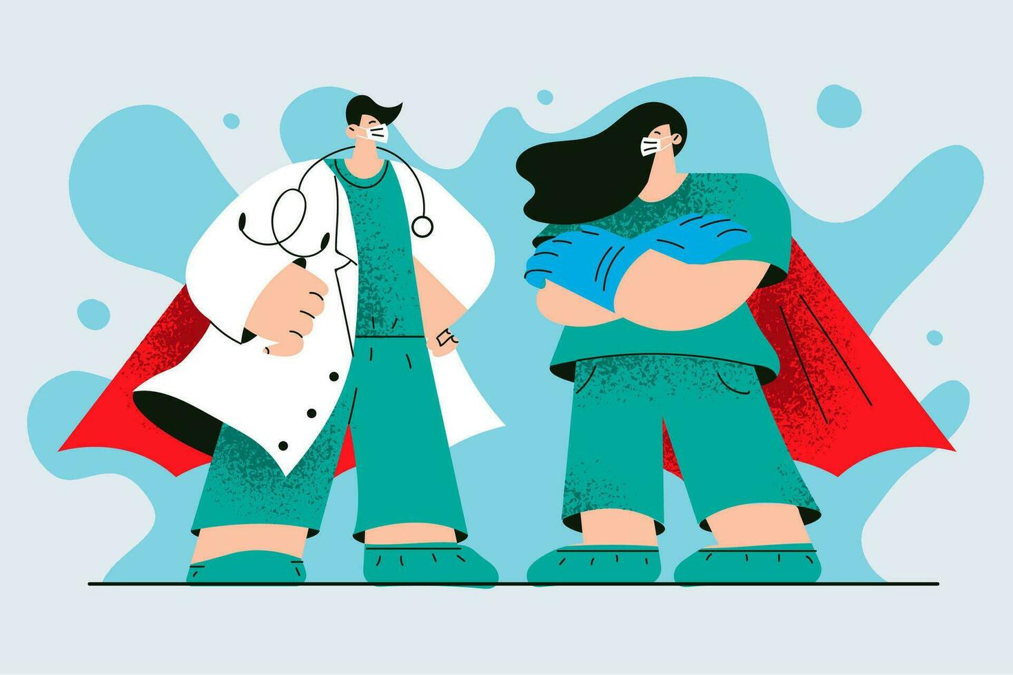 Superhero doctors working during COVID-19 pandemic concept. Young woman and man doctors cartoon characters wearing medical protective face masks standing during work at outbreak virus times vector