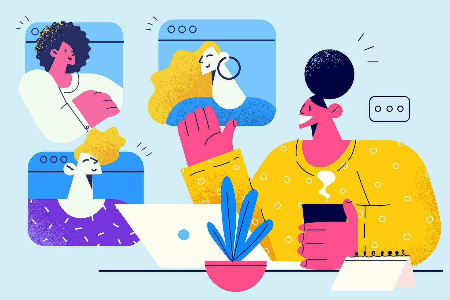 Teleconference, distant work, online communication concept. Group for young people having video call and distant meeting online call in their own home office having remote job vector illustration