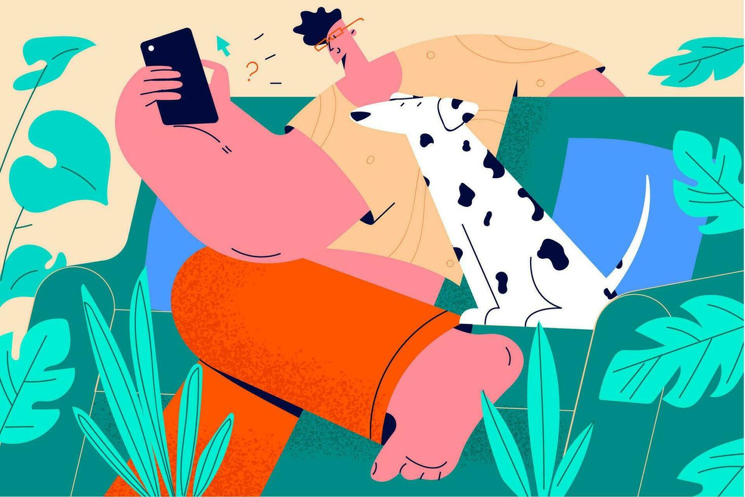 Spending time at home with pet concept. Young positive stylish boy cartoon character sitting at home on sofa with smartphone and enjoying company of his dog pet vector illustration