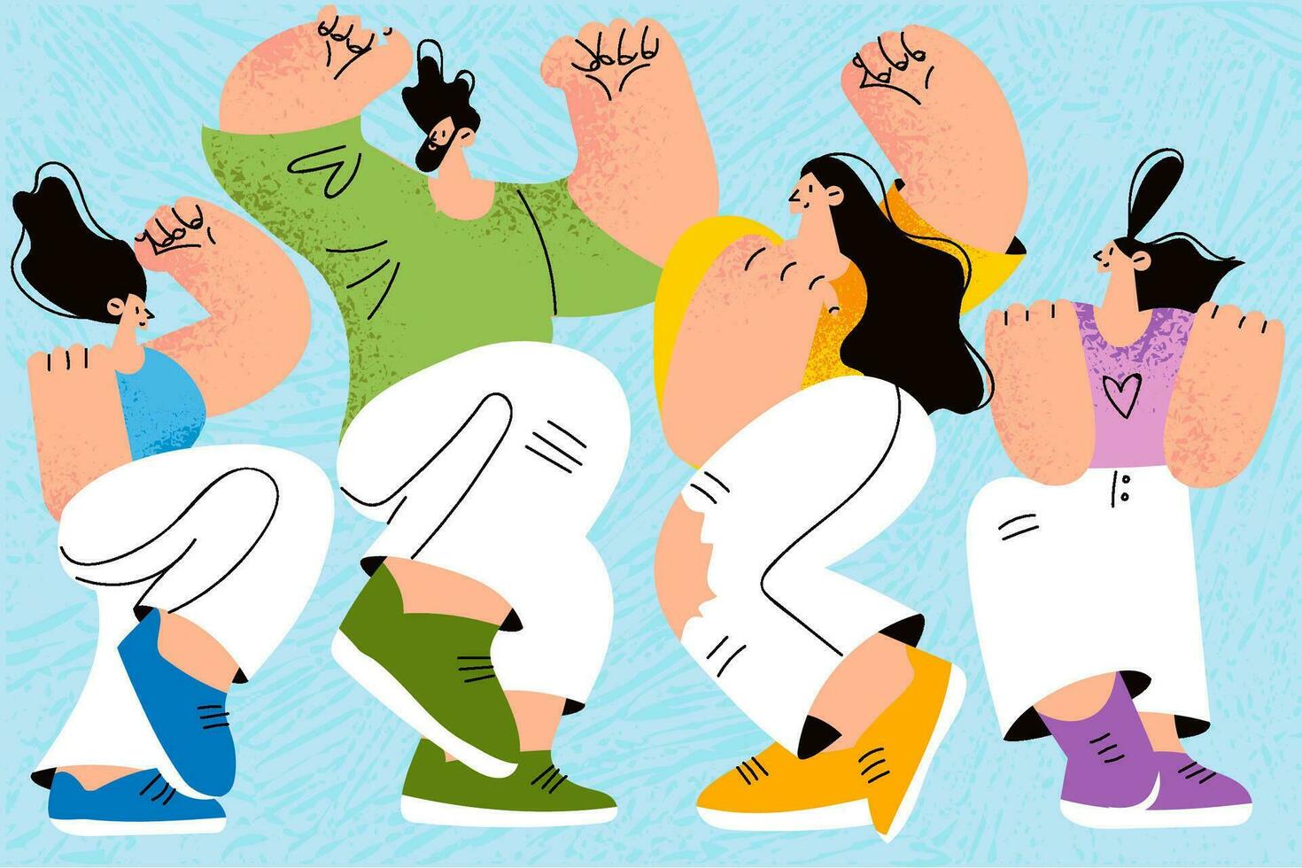 Family having fun and celebrating concept. Happy people big family feeling cheerful celebrating luck and having fun together with raised hands vector illustration