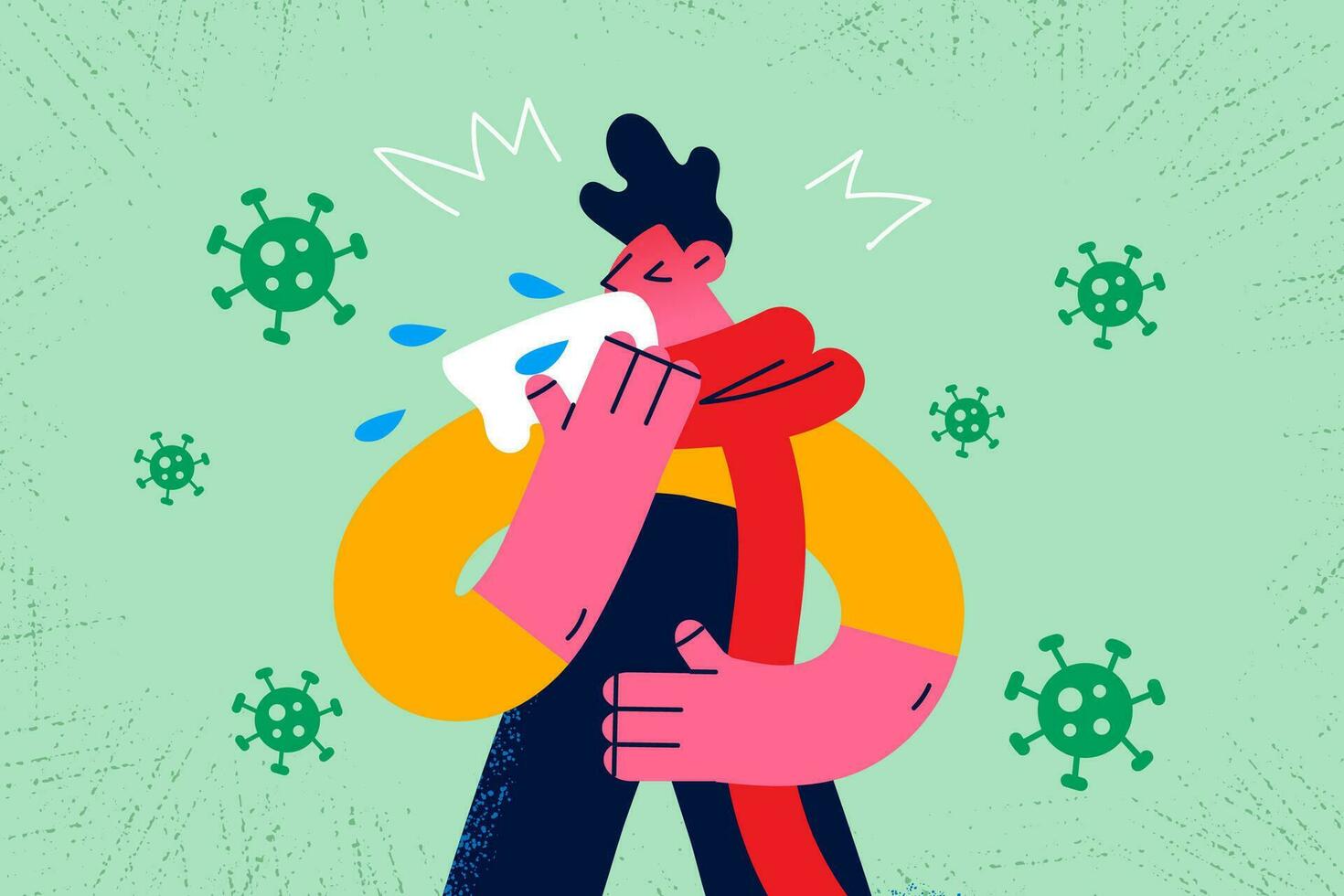 Sick young man blow running nose feel unhealthy suffer from covid-19 symptoms. Ill guy have fever or cold, struggle with corona virus infection. Coronavirus, pandemics concept. Vector illustration.