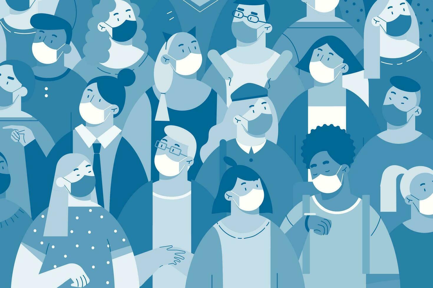 People in white face masks concept. Crowd of men women characters wearing protective medical respirator standing together. Coronavirus quarantine and healthcare seamless pattern illustration for print vector