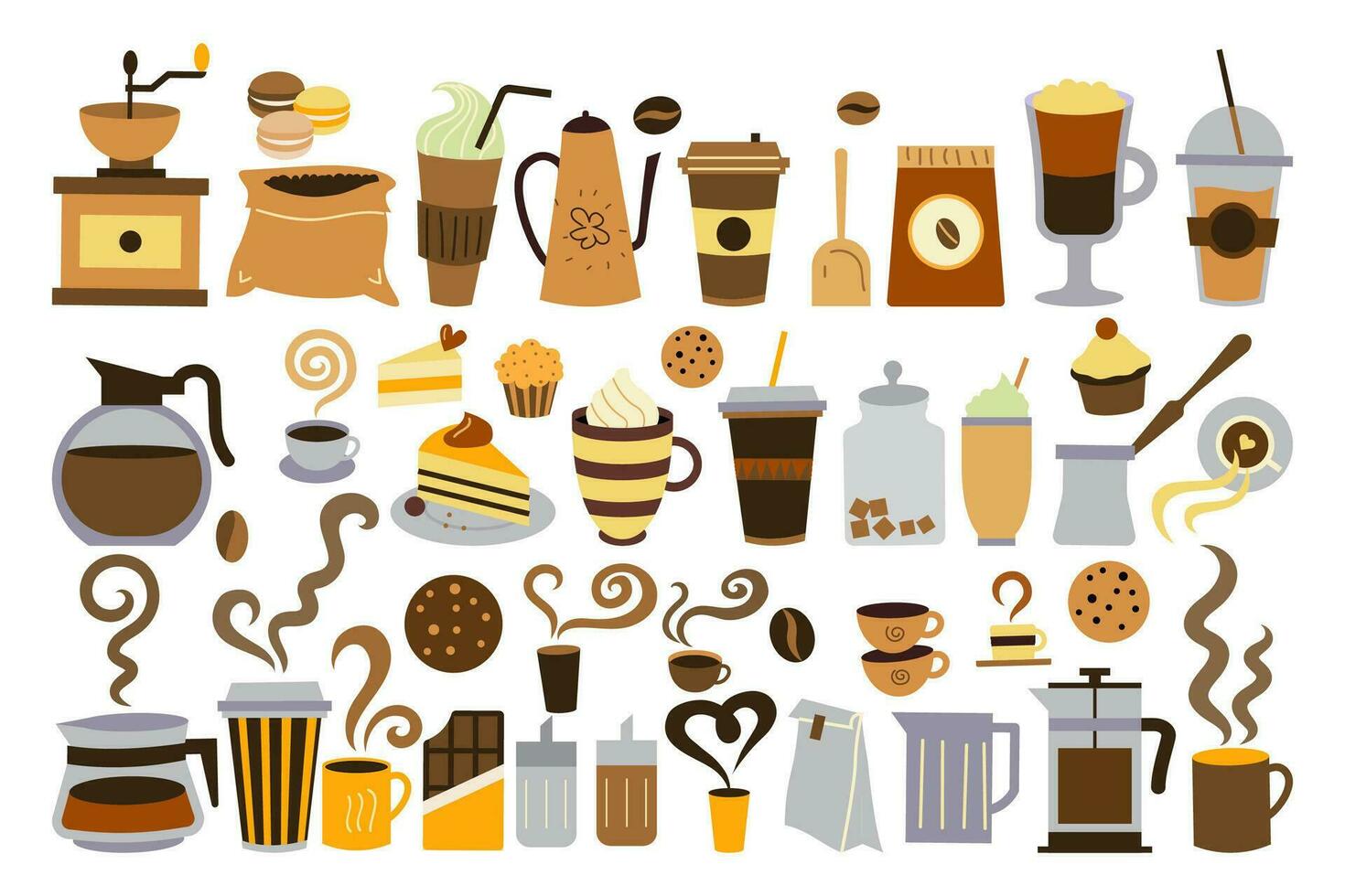 café hora garabatear colocar. colección de diferente ordena de líquido bebidas caliente bebidas con cafeína moca latté capuchino Café exprés tazas aislado en blanco dibujos animados vector ilustración para impresión.