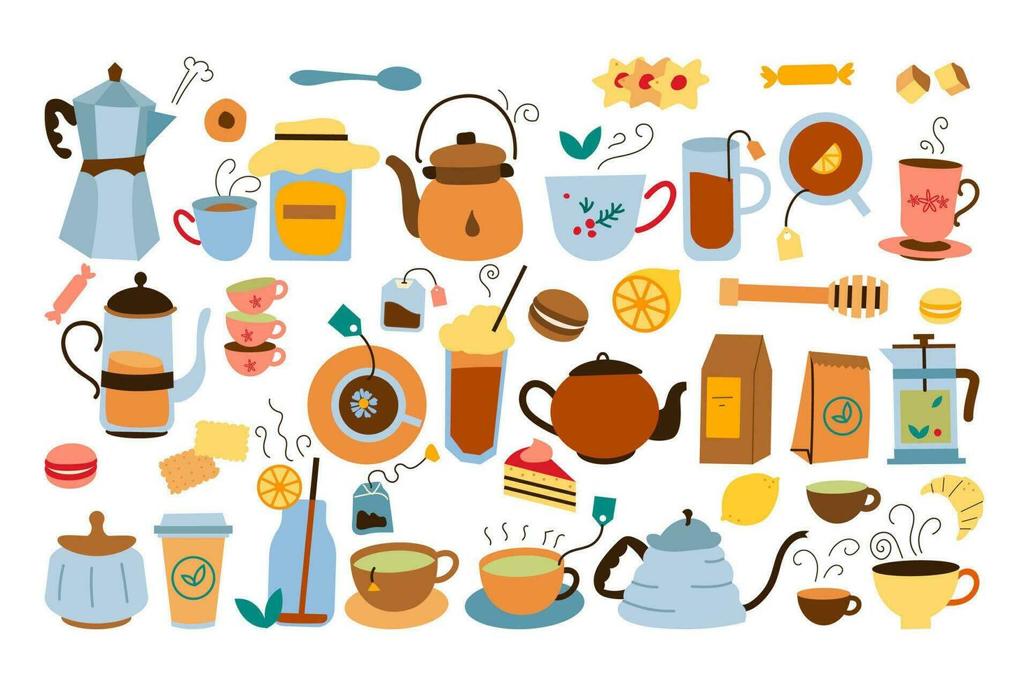 la hora del té garabatear colocar. colección de vistoso té bebida ollas pantalones tetera galletas y miel comida aislado en blanco. insalubre nutrición con cafeína dibujos animados vector ilustración para impresión.