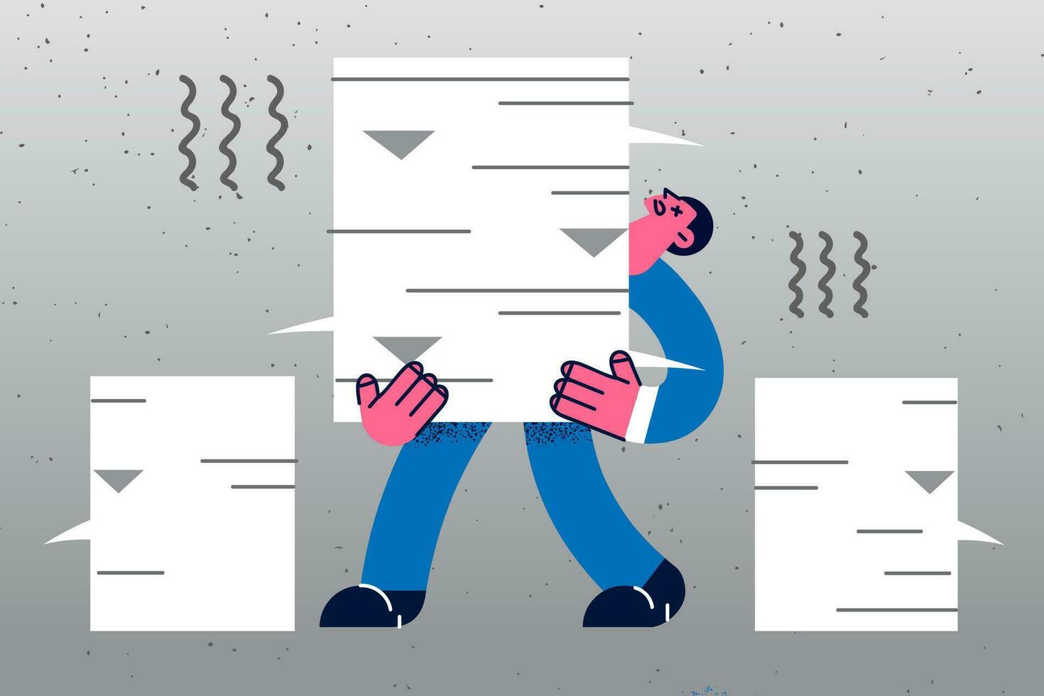 Exhausted businessman carry pile of documents manage job before deadline in office. Tired male employee with stack of paperwork overwhelmed with work. Overwork, fatigue concept. Vector illustration.