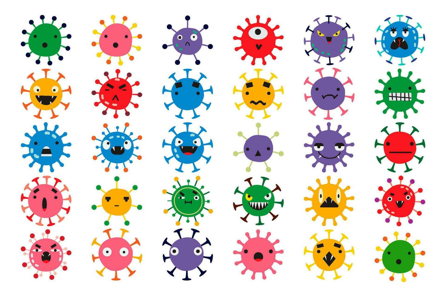 Coronavirus doodle set. Graphic collection of colorful spooky scary viruses bacteria cartoon characters cells isolated on white. Healthcare and medical protection vector illustration for print.