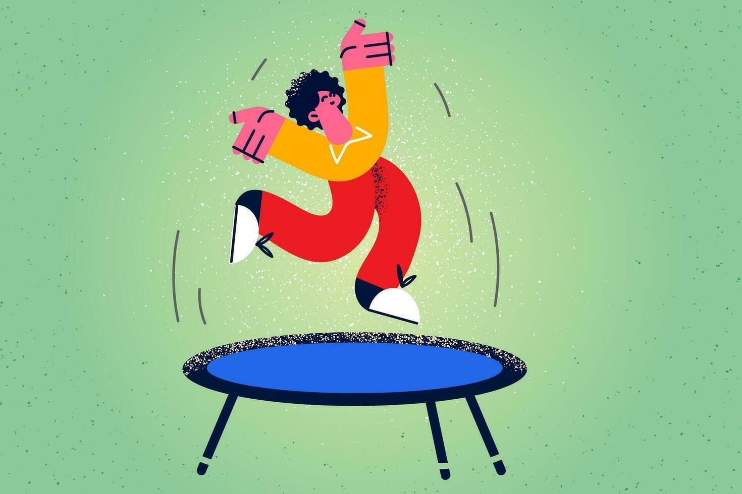 Overjoyed small kid feel playful jump on trampoline relax on weekend. Smiling child have fun do sports engaged in physical activity follow healthy sporty lifestyle childhood. Vector illustration.