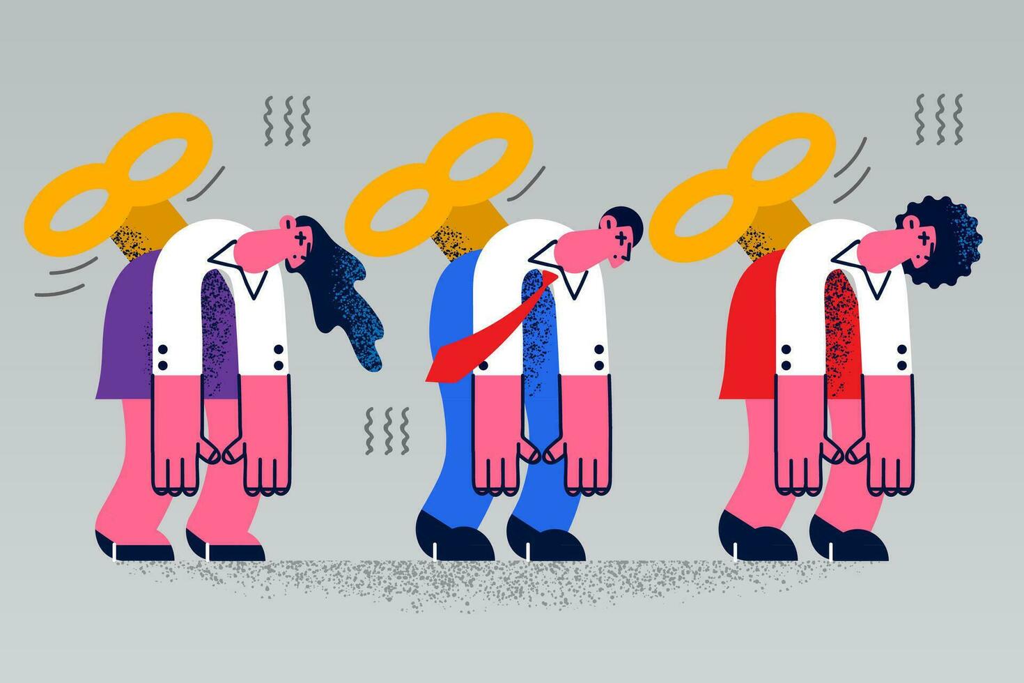 Diverse employees with wind-up key in back overwhelmed with office work feel fatigue at workplace. Tired businesspeople exhausted with company schedule. Burnout, overwork. Vector illustration.