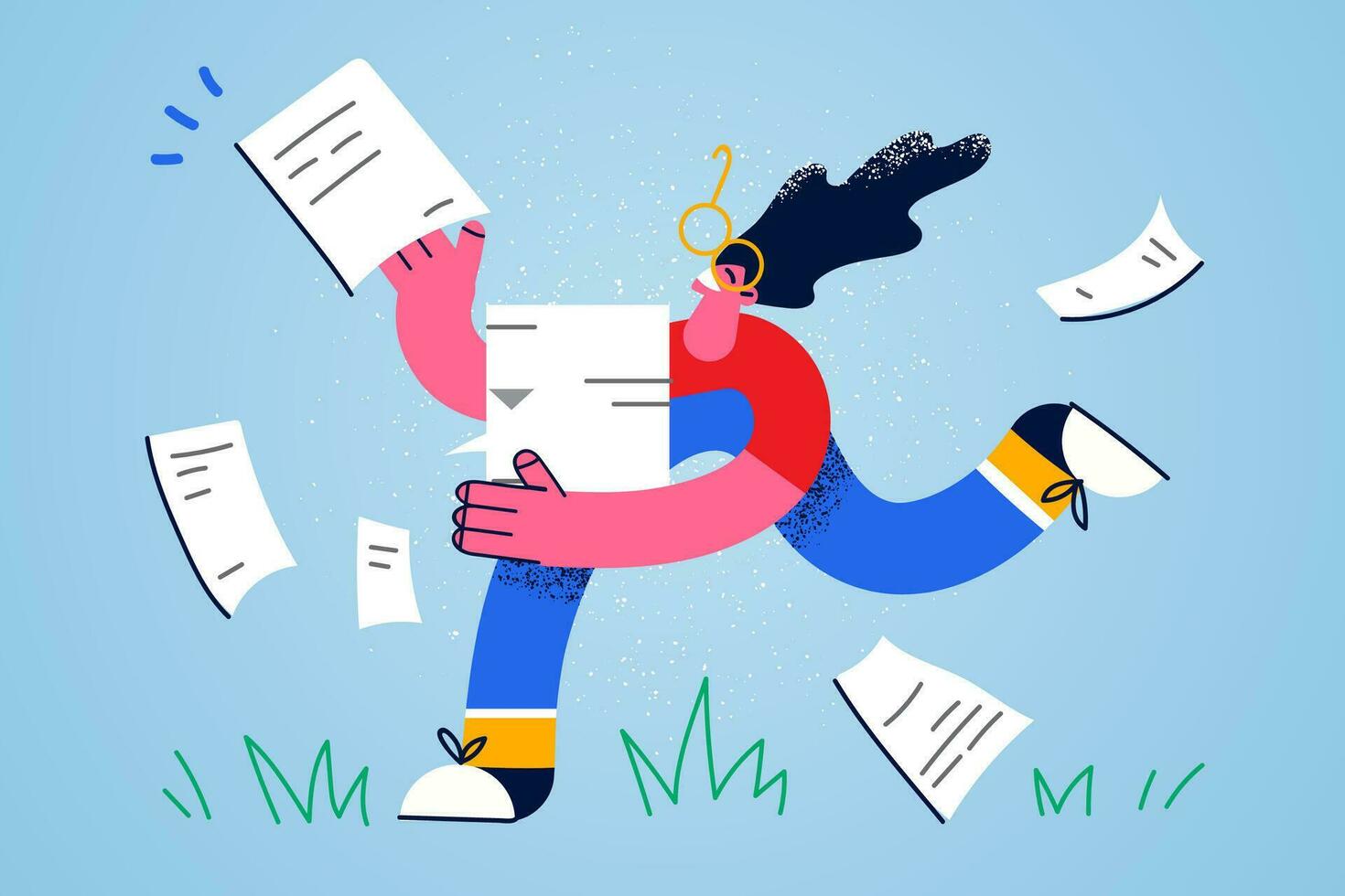 Happy girl run with paperwork feel excited with good exam mark or result for studying. Smiling woman with notes or document motivated with innovative idea. Paper work concept. Vector illustration.