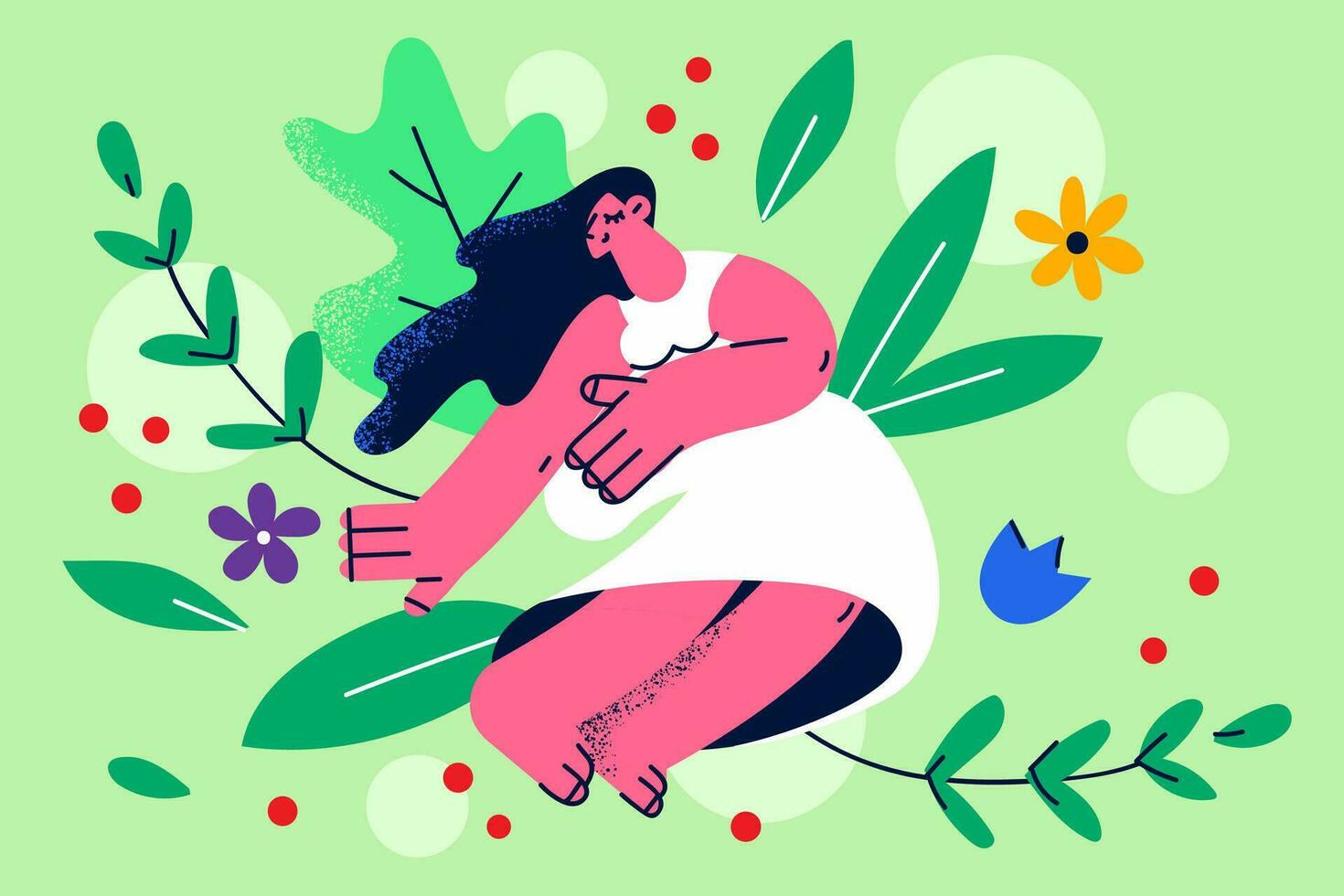 Happy young woman sit in flowers show love and care to nature. Smiling millennial girl surrounded by floral composition and greenery demonstrate female mental health stability. Vector illustration.