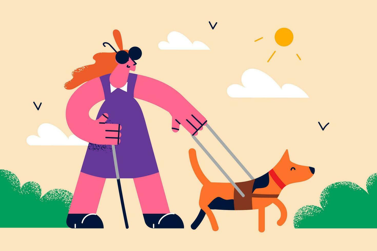 Blind girl walking with guide dog helping her. Young woman hold stick going with trained pet. Visual impairment concept. Service animals give assistance to people. Flat vector illustration.