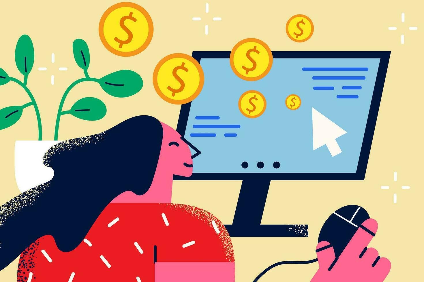 Smiling woman work online on computer earn money on stock exchange market. Happy female with distant job get dividend from successful investment. Finance and banking. Flat vector illustration.