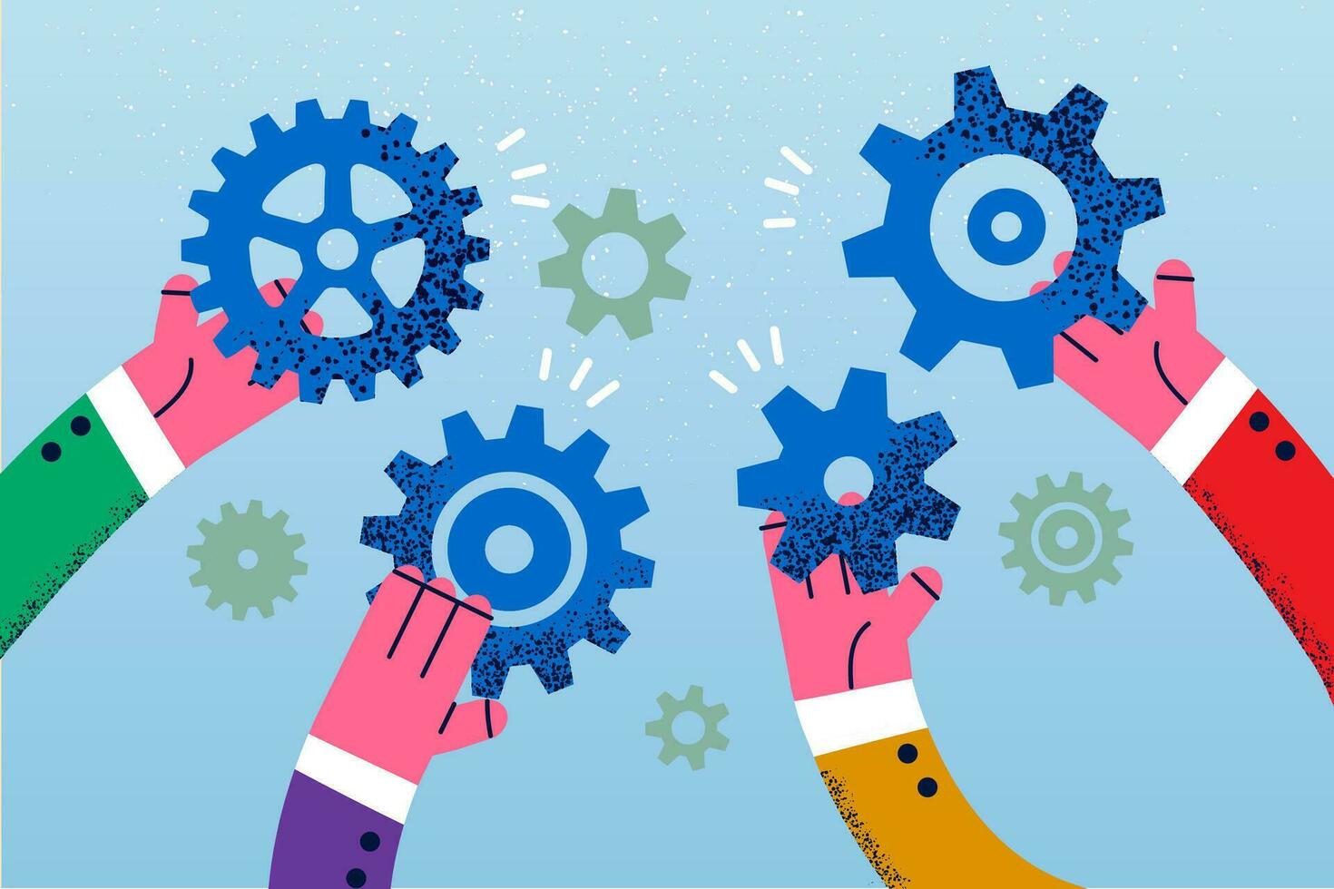 Businesspeople hold cogwheels engaged in teambuilding work activity motivated for shared company success. Diverse employee cooperate develop business strategy. Teamwork. Vector illustration.