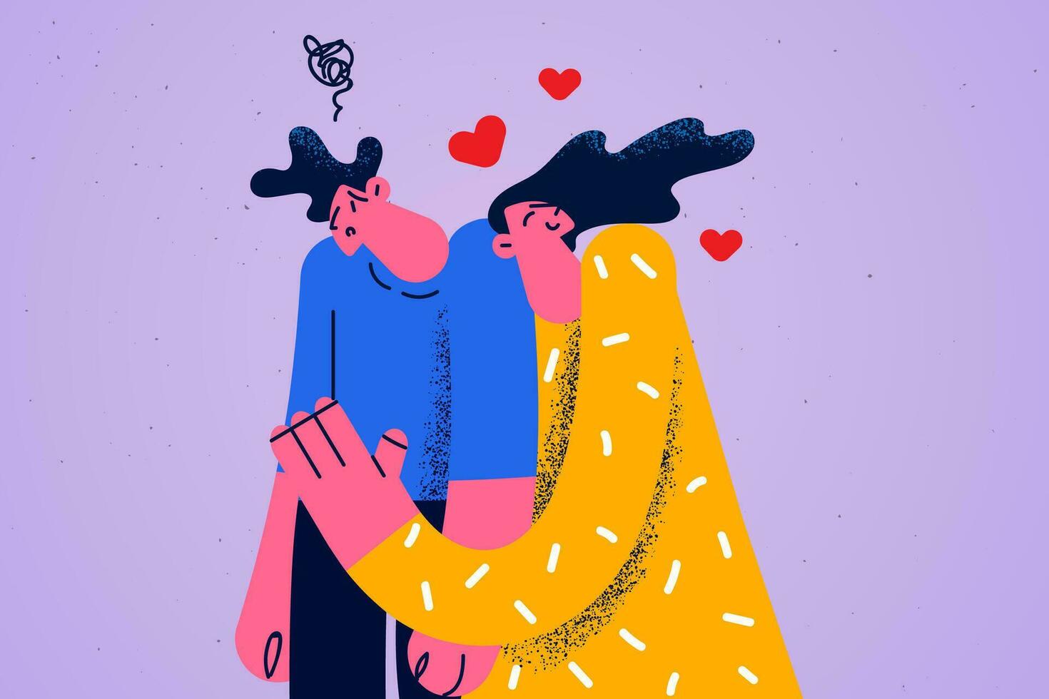 Young woman hug cuddle confused man show love and affection. Couple relationship problems. One-sided unshared feeling. Husband think of divorce or breakup with wife. Flat vector illustration.