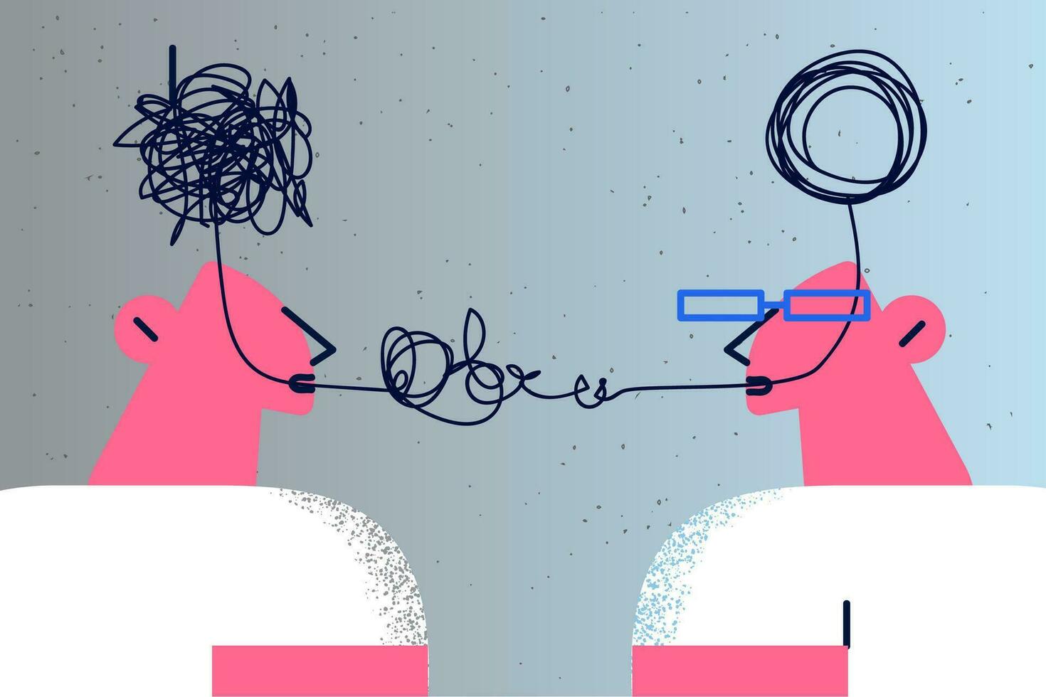 Psychologist and patient talk unravel problems reel. Psychiatrist help client cope with life situations, solve troubles together. Counseling and psychology session concept. Flat vector illustration.