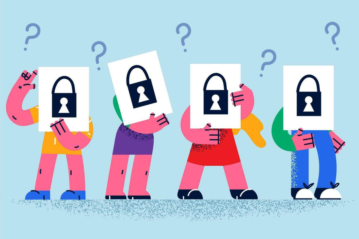 Diverse people in line hide face behind paper with lock painted on. Employee feel confused with web data or information security. Cyber record global protection and privacy. Vector illustration.