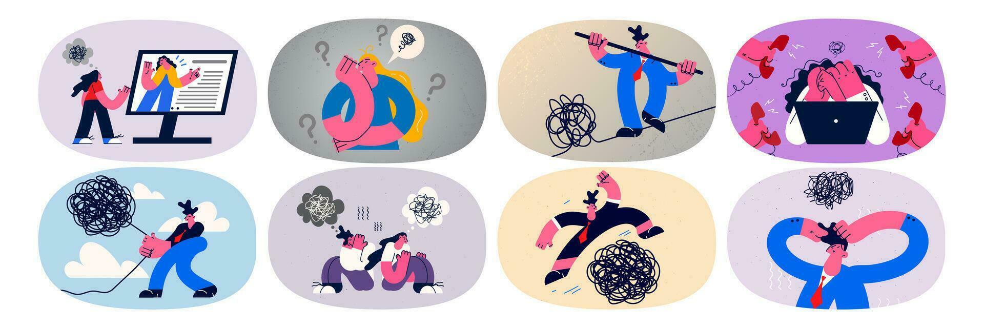 Set of stressed businesspeople unravel cable or rope find solution to business problem. Collection of businessperson search for trouble solving or make choice. Challenge. Vector illustration.