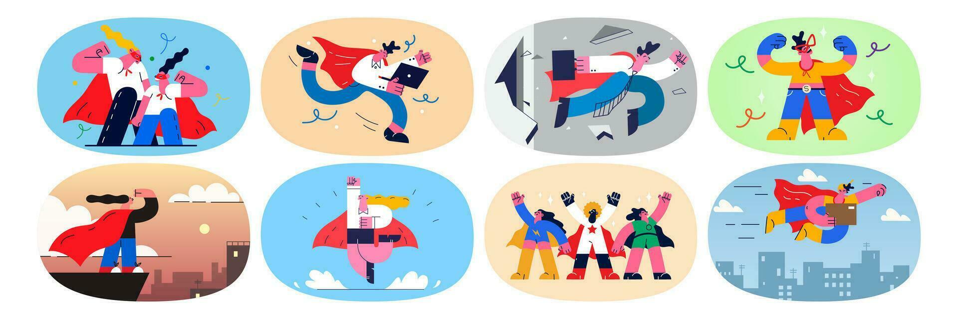 Set of businesspeople as superheroes show power and strength at workplace. Collection of employees or workers as heroes strive for goal achievement. Leadership concept. Vector illustration.