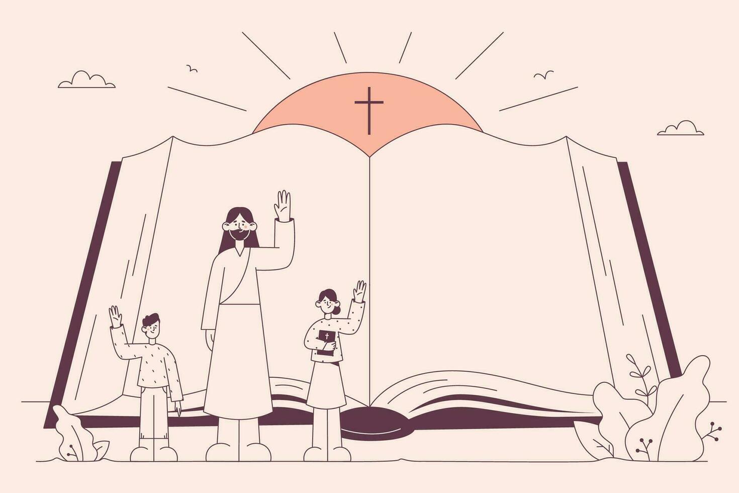 Holy Bible, Christianity, religion concept. Open religious book with Jesus and children characters waving their hands showing importance of religion for everyone vector illustration