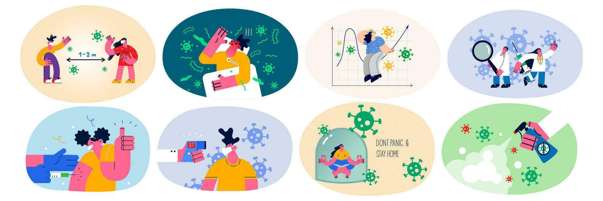 Set of diverse people during corona virus pandemic, take measures against illness. Collection of men and women in facemasks get vaccinated disinfect hands from covid-19. Vector illustration.