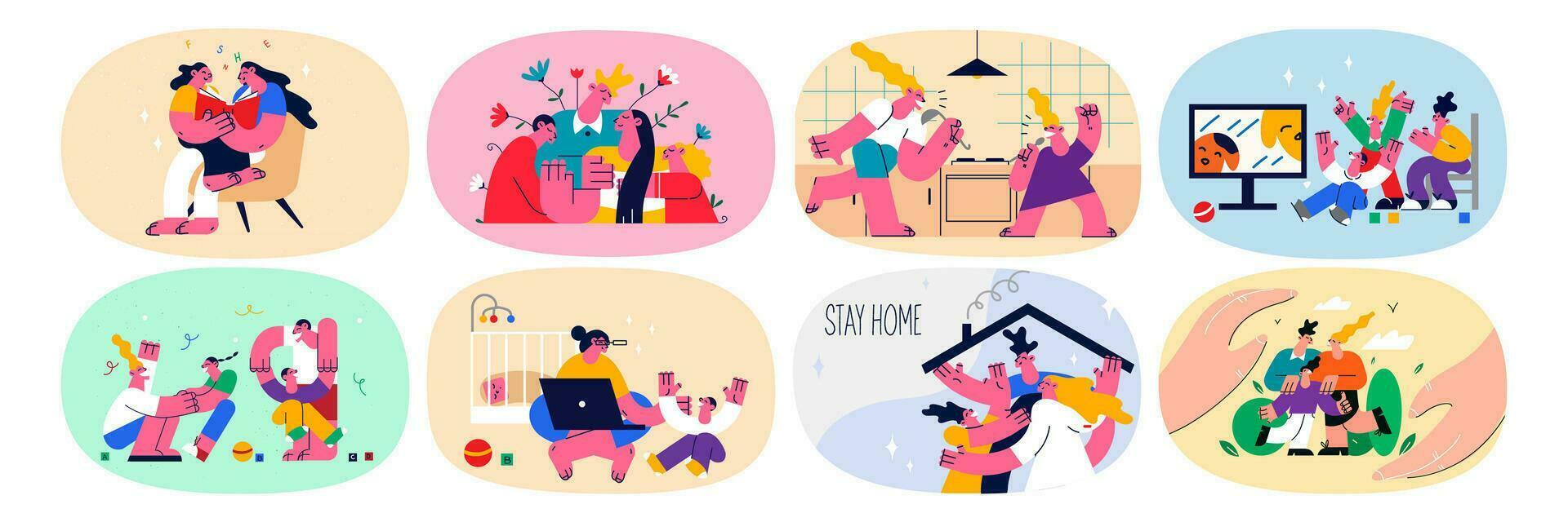 Set of family with children relax at home on covid-19 quarantine pandemic. Collection of parents with kids rest play stay home on corona virus lockdown. Healthcare. Flat vector illustration.