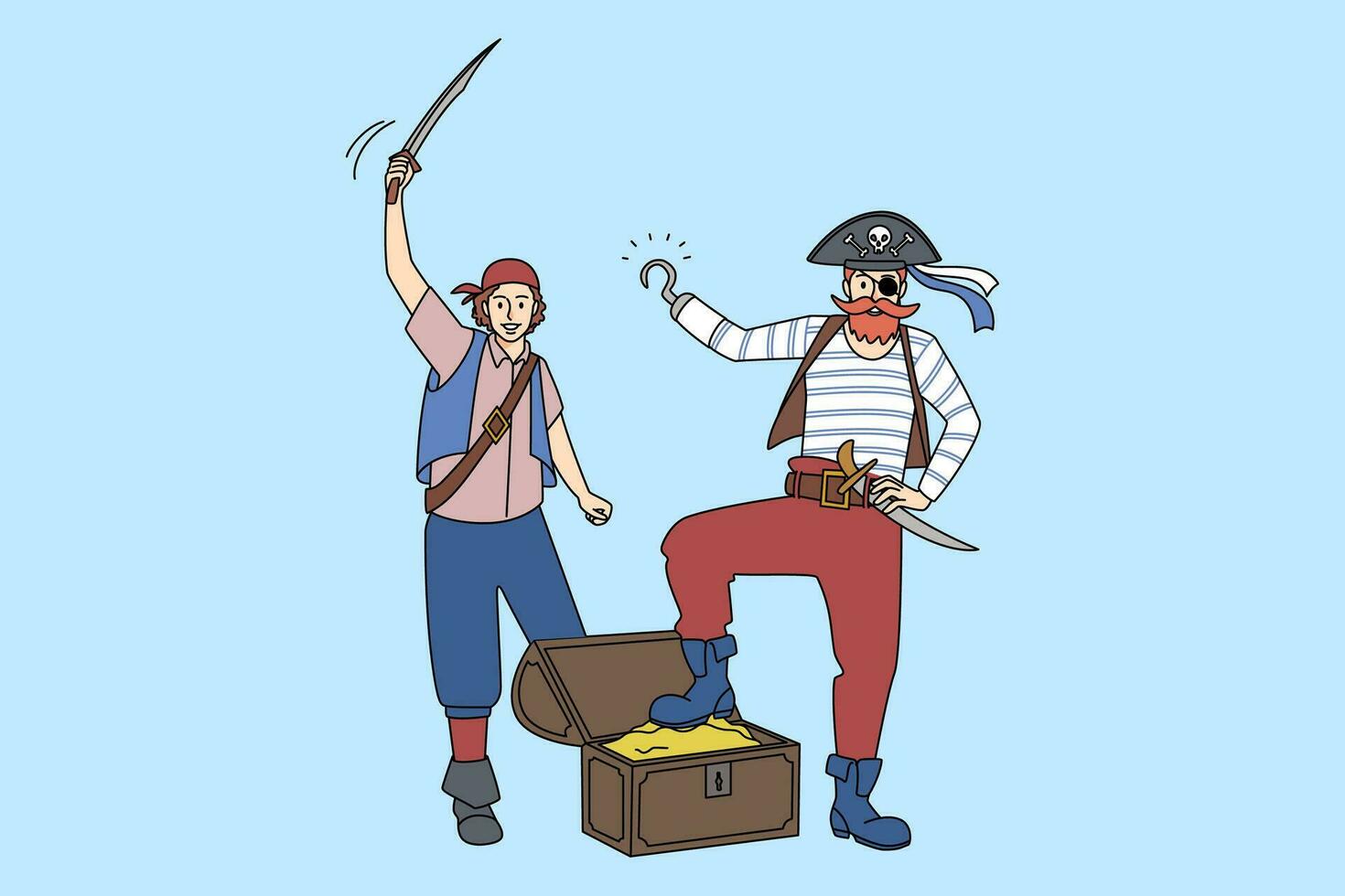 Smiling male pirates with chest with gold. Happy courageous sailor and ocean raider with jewels and treasures. Vector illustration, cartoon character.