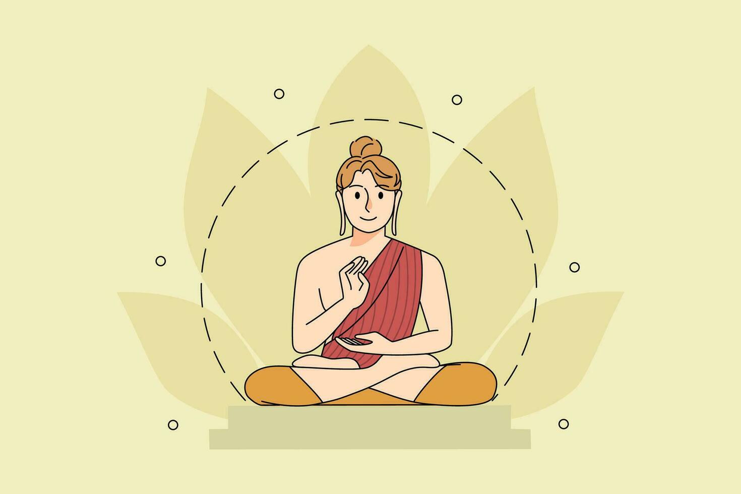 Calm woman sit in lotus position pray and meditate. Happy person during indian Buddha Purnima festival. Congratulation of Vesak day. Yoga and meditation. Vector illustration.