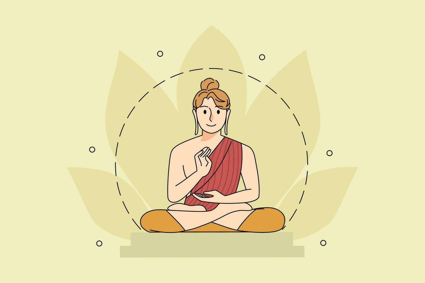 calma mujer sentar en loto posición orar y meditar. contento persona durante indio Buda purnima festival. felicidades de vesak día. yoga y meditación. vector ilustración.