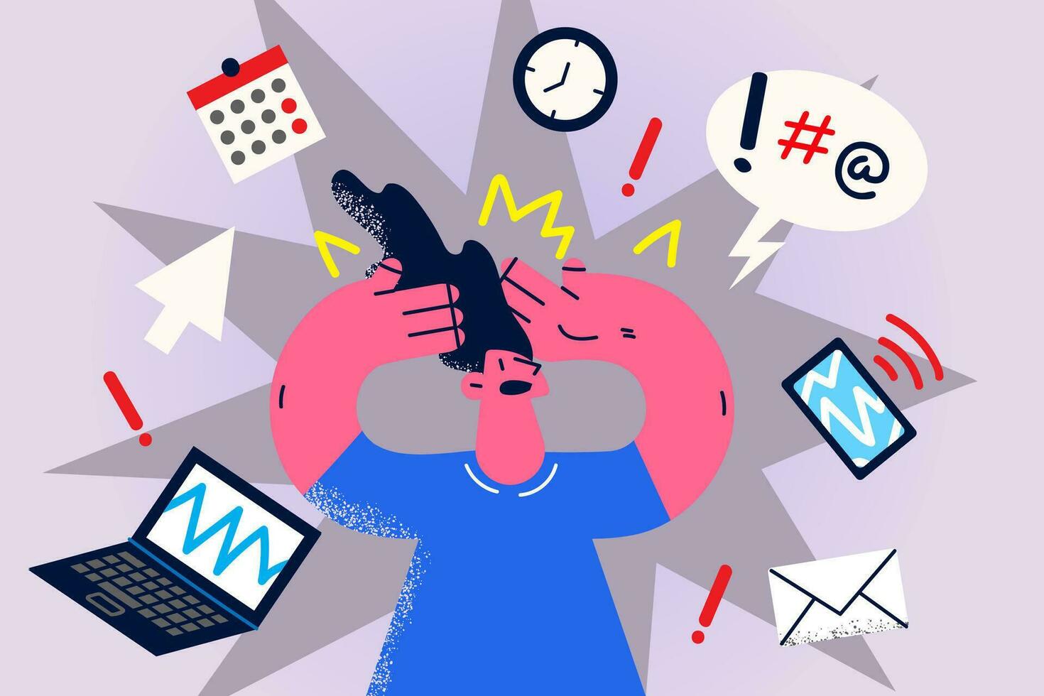 Stressed businesswoman overwhelmed with work tasks manage to meet deadline in office. Anxious female worker or employee frustrated with job plans and notification. Vector illustration.