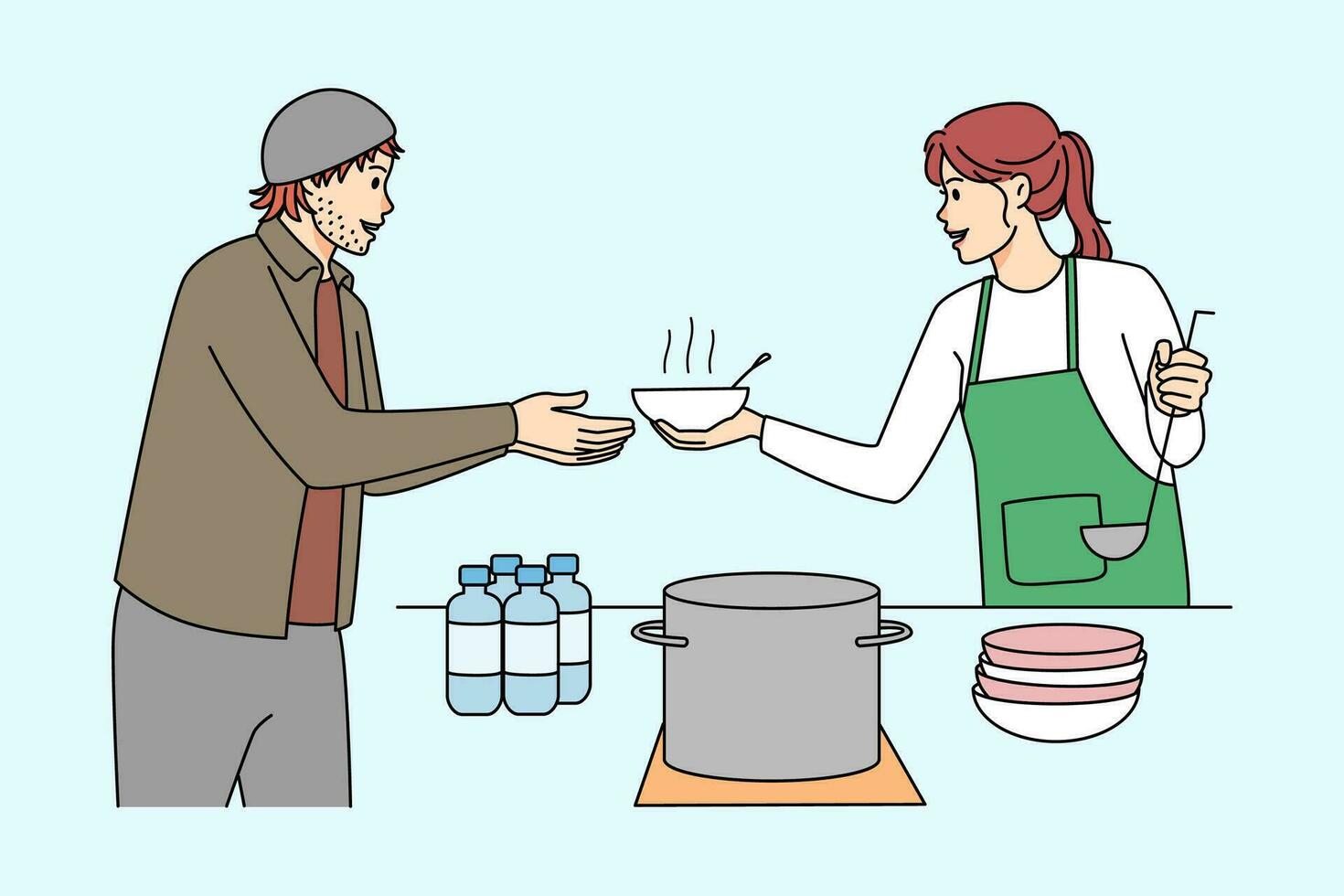 Woman volunteer serving food to poor needy people in humanitarian social center. Female activist help hungry homeless person sharing meal, providing with necessity. Vector illustration.