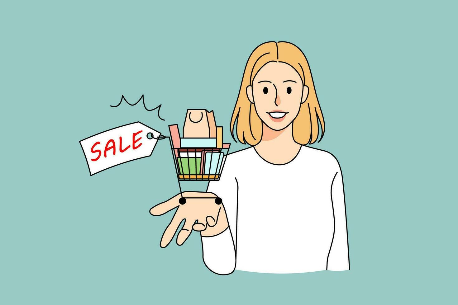 sonriente mujer con compras carro comprar cosas en rebaja o descuento. contento hembra cliente o comprador emocionado con estacional promociones de ofertas adicto a las compras vida y consumismo. vector ilustración.