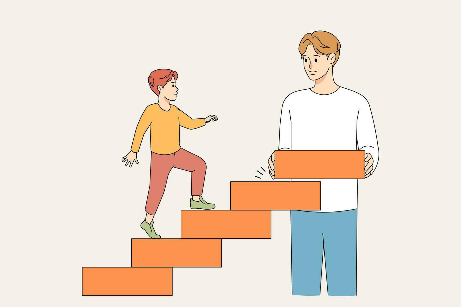 amoroso padre construir escalera para hijo a escalada ayuda con opciones y decisión. sonriente papá espectáculo apoyo a pequeño chico niño construir escalera a caminar en vida. plano vector ilustración.