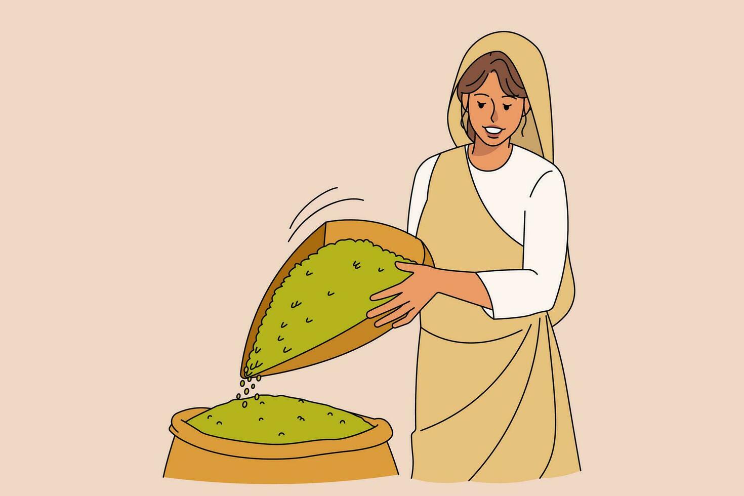 Smiling Arabic woman in traditional clothes winnowing grains in fields. Happy arab female working in agricultural farms collecting and sifting harvest. Agriculture. Vector illustration.