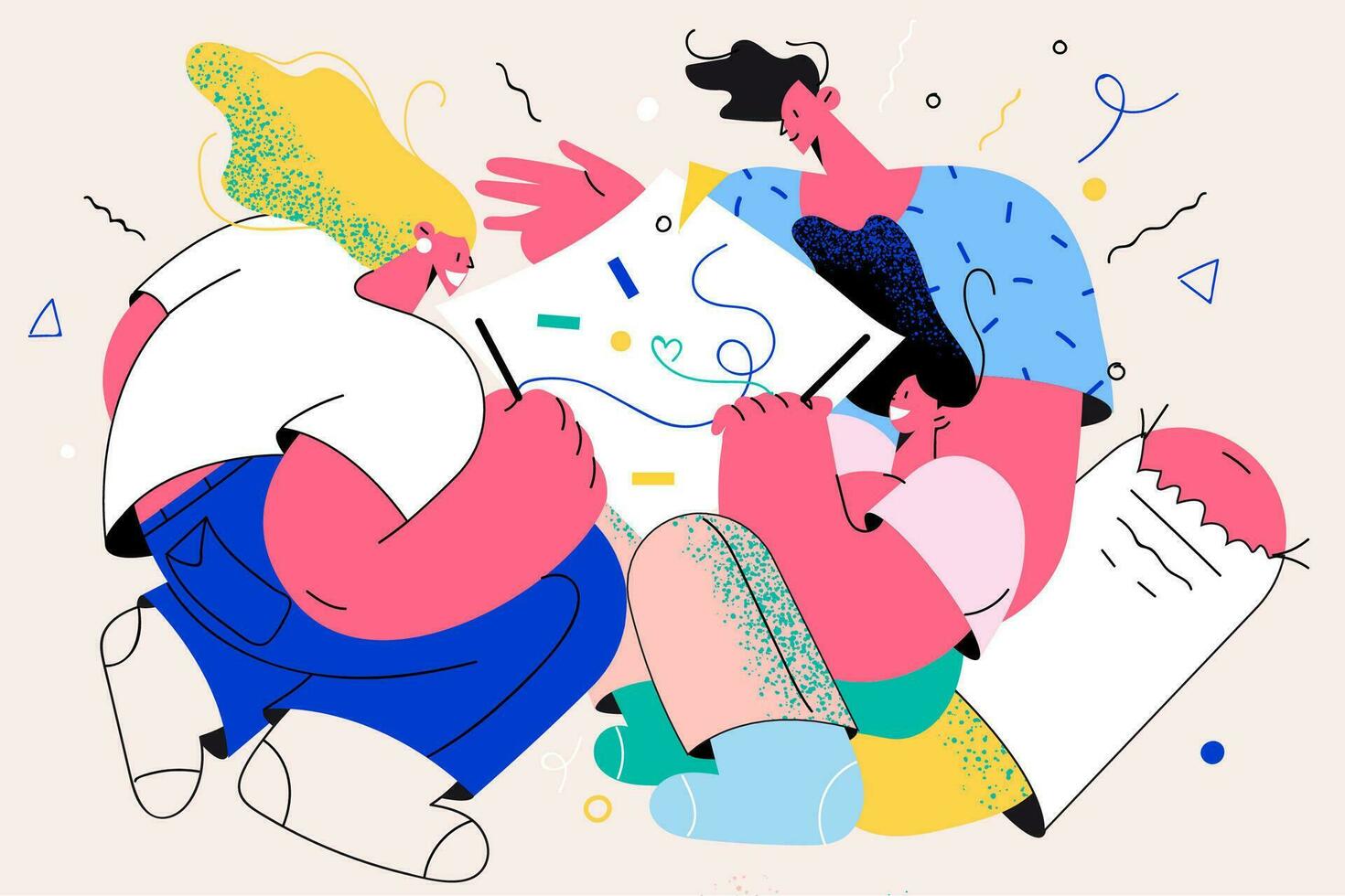 Spending time together in family, hobby and leisure concept. Happy family with child cartoon characters sitting and drawing picture on paper with colorful pencils together vector illustration