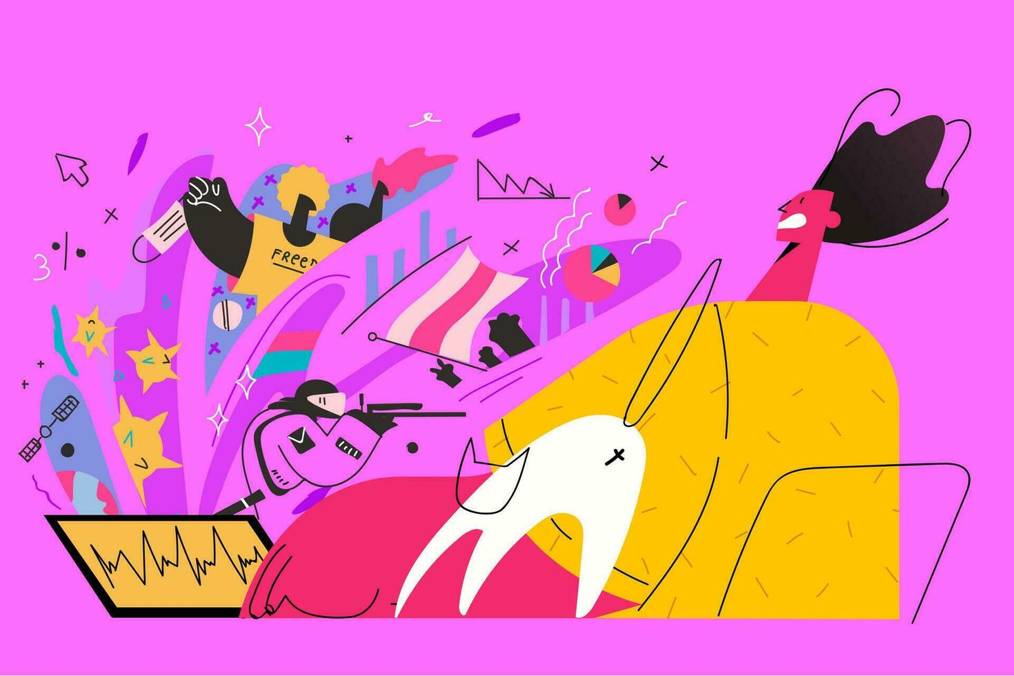 Panic attack, negative influence of mass media concept. Stressed frustrated woman cartoon character sitting and suffering from panic attack after reading and watching anxious posts and news online vector