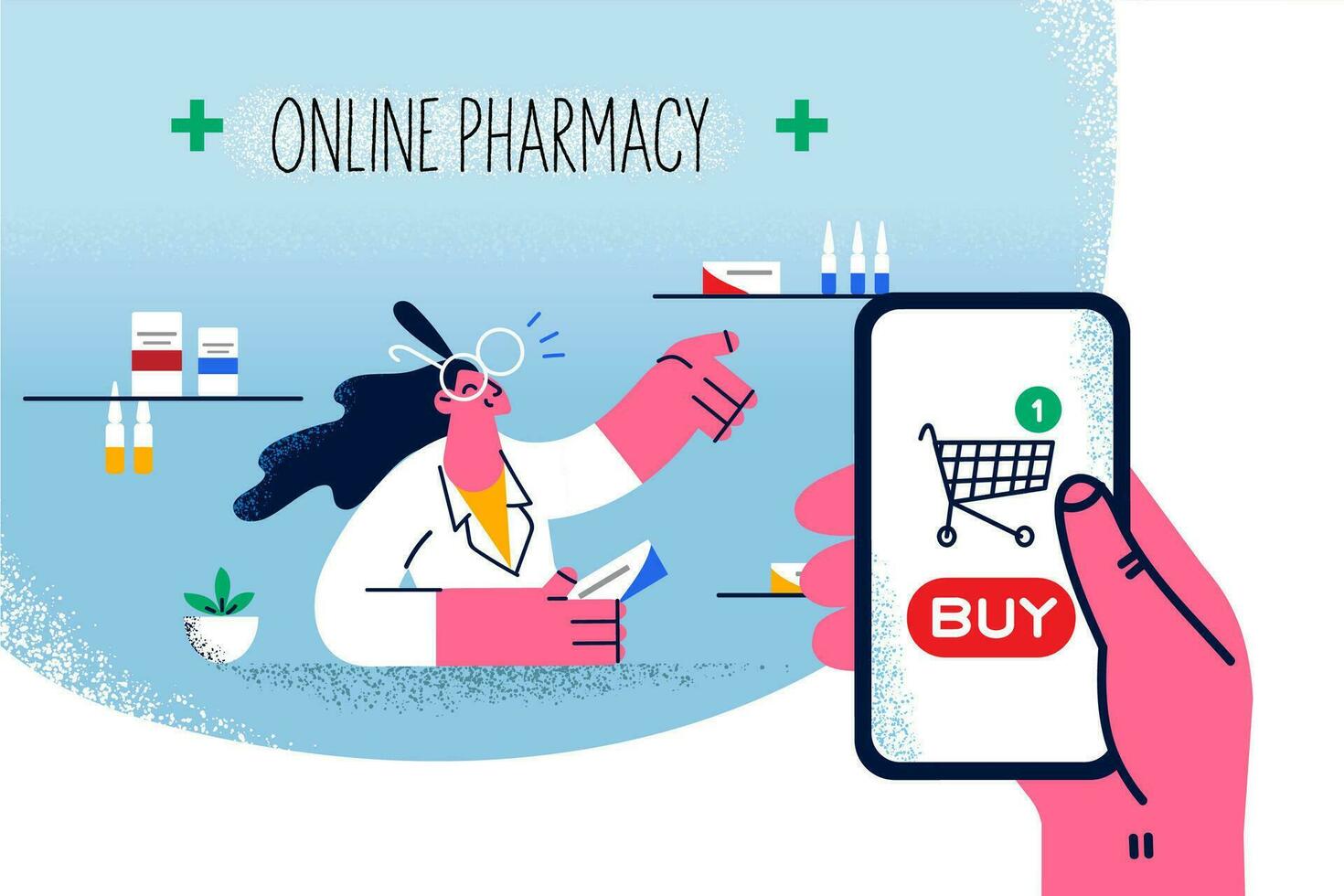 Person use cellphone buy medications in online pharmacy. Client or patient make order purchase meds or pills on internet from drugstore. Medicine and healthcare. Vector illustration.