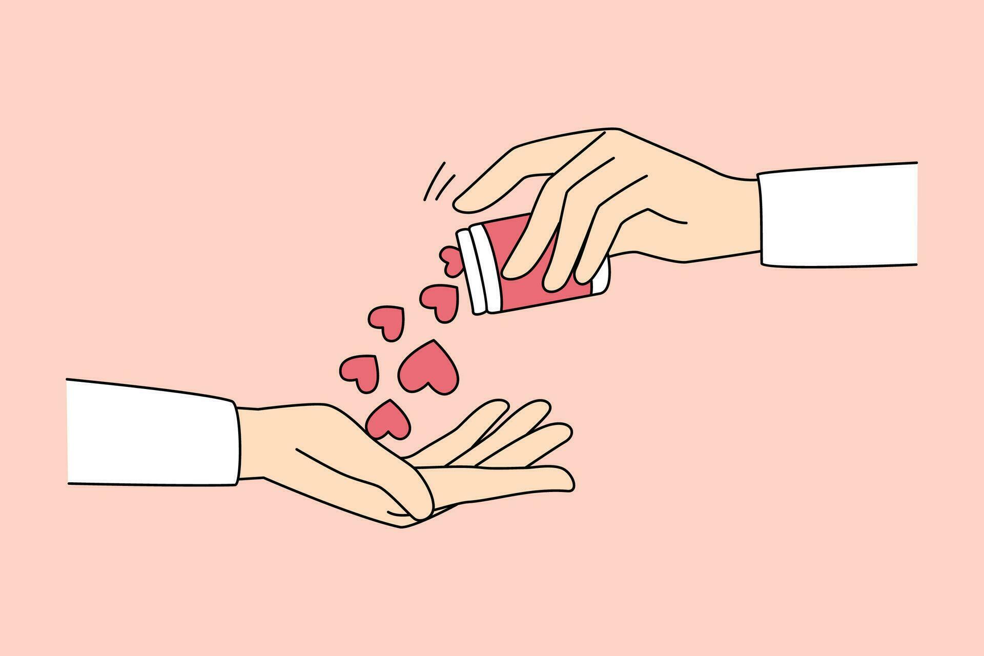 Closeup of hand give pills in form of hearts spread love and care to ...