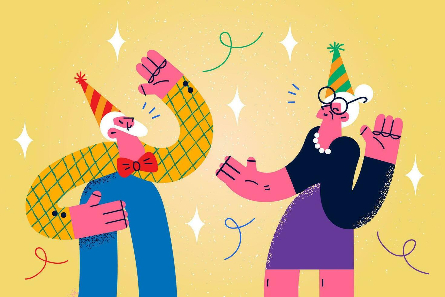 Overjoyed old grandparents in hats have fun celebrate anniversary together. Smiling mature man and woman dance enjoy party or celebration. Active funny maturity. Vector illustration.