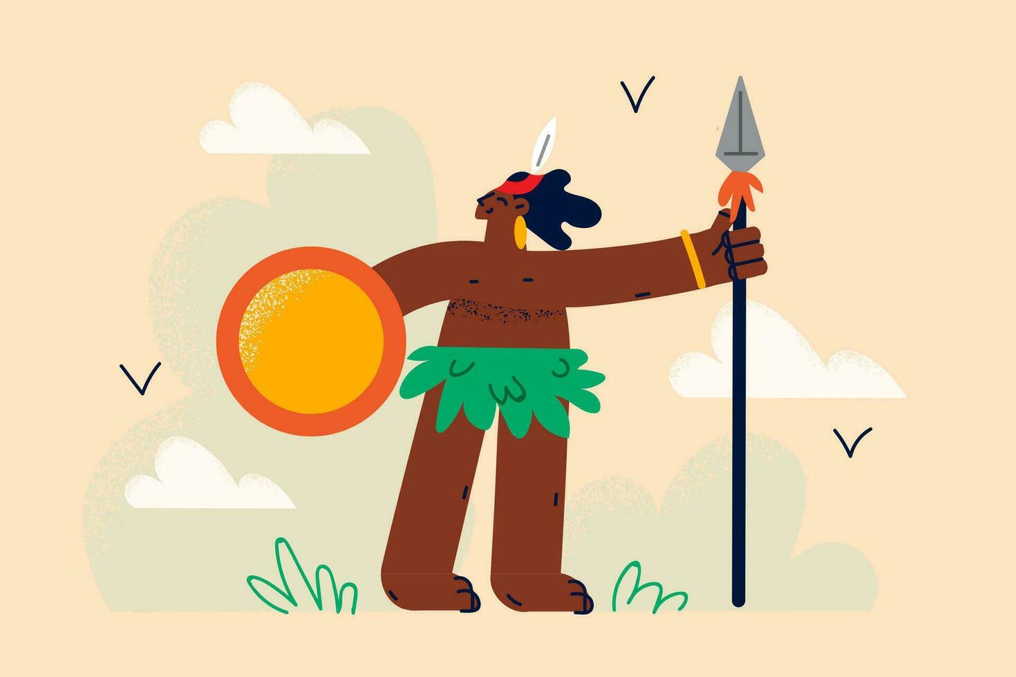 Smiling tribe person in traditional tropical clothes hip bandage. Concept of indigenous aboriginal people and ancient life. Aborigine in ethnic clothing. Flat vector illustration.