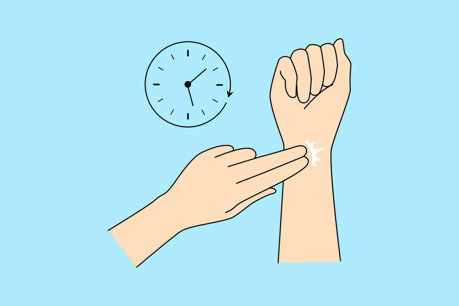 Close up of person check pulse with two fingers technique on wrist. Unhealthy man or woman measure radial pulse on hand. Medicine and healthcare concept. Vector illustration.