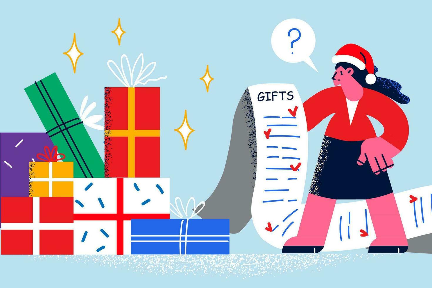 Woman in Santa hat hold list of presents for New Year celebration. Businesswoman prepare wrapped gifts for Christmas party. Winter holiday and vacation. Flat vector illustration.
