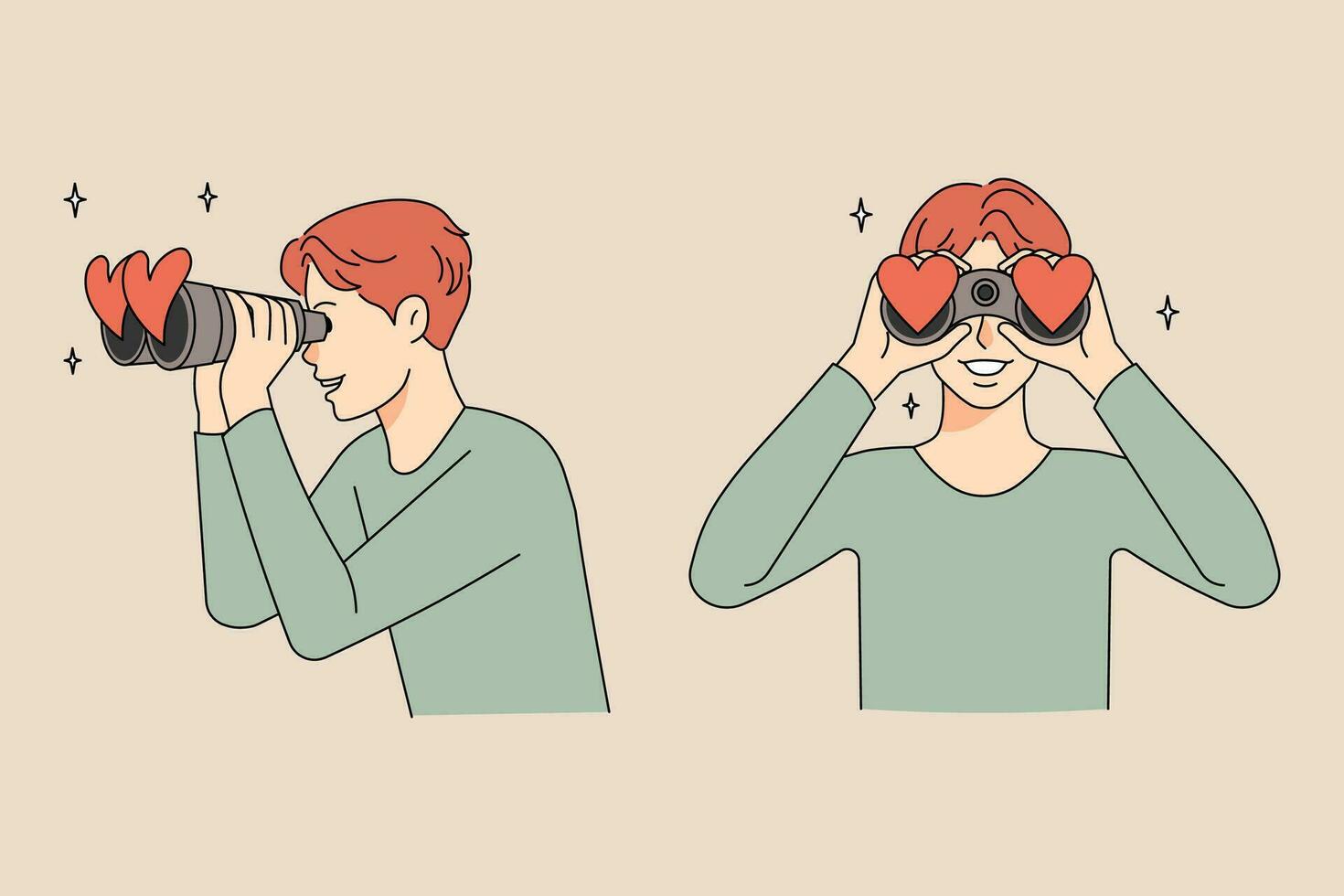 Happy young man look in binoculars with heart symbols looking for love or affection. Smiling guy search relationships on dating website or application. Relations goal. Vector illustration.