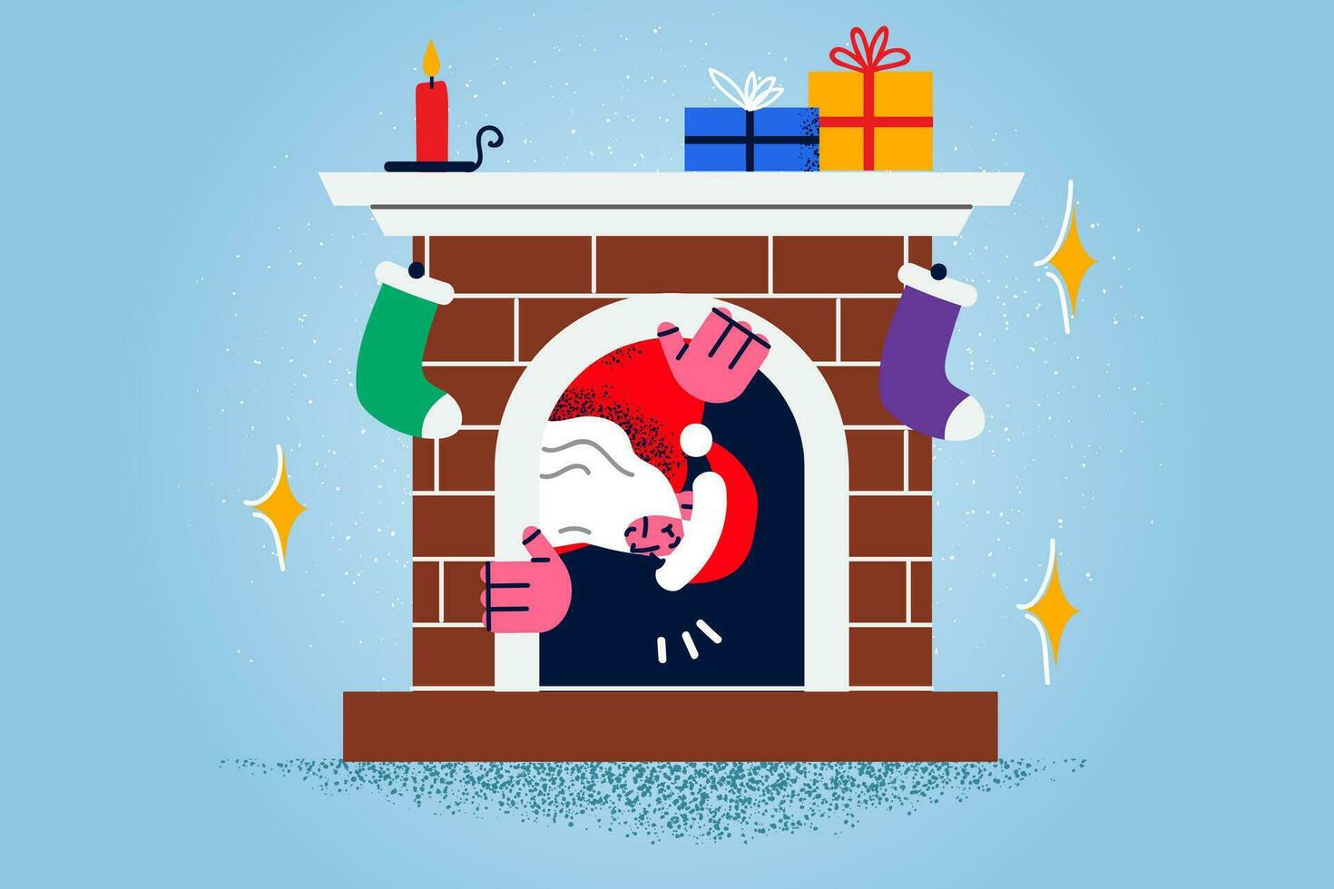 Santa Claus in costume come out of chimney on Christmas eve. Happy Santa leave presents for New Year at home. Winter holiday celebration and traditions. Flat vector illustration.