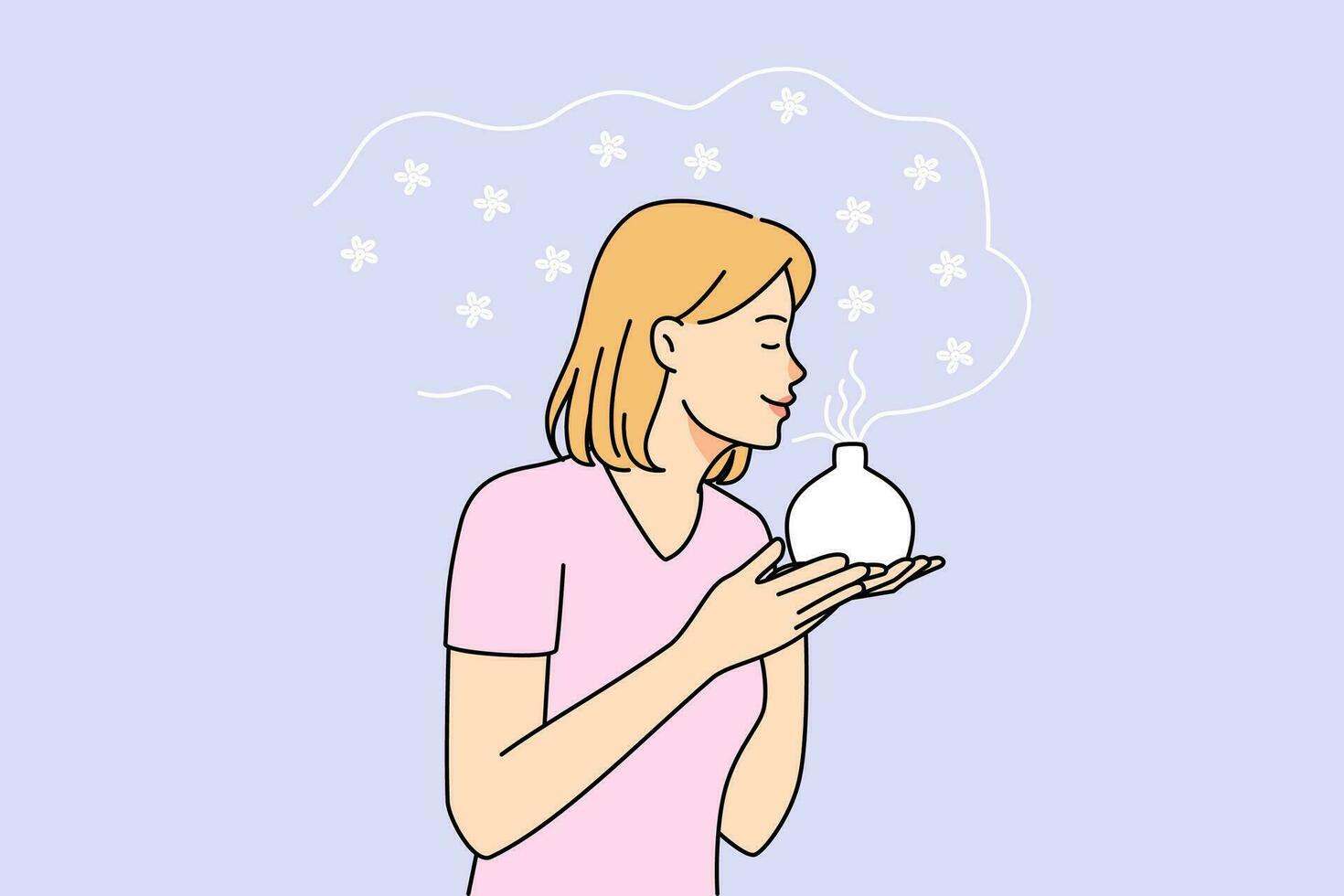 Happy young woman smell good pleasant fragrance from aromatherapy diffuser. Smiling girl enjoy essential oil in lamp. Flat vector illustration, cartoon character.