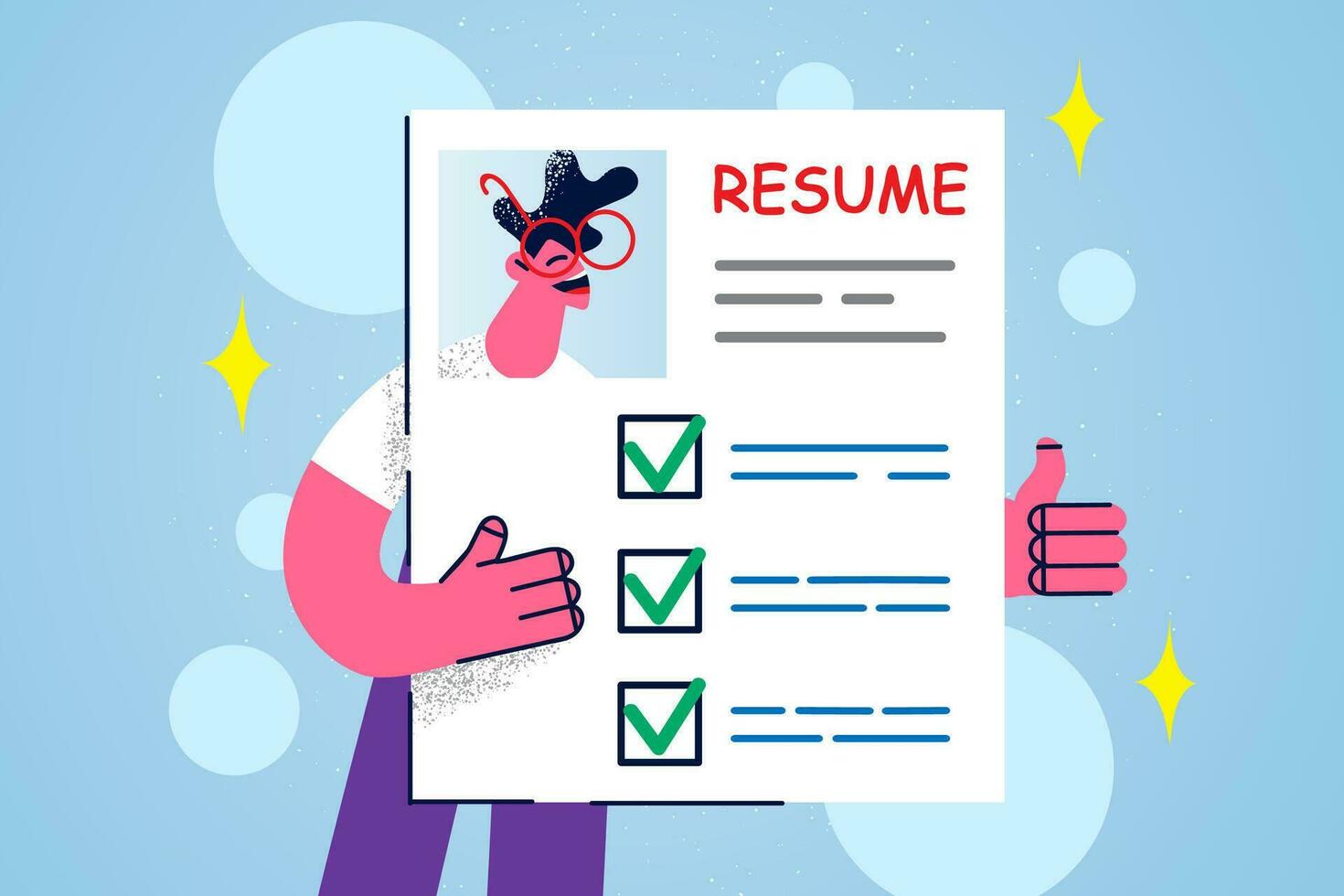 Smiling male job applicant on paper resume show thumb up apply for 
