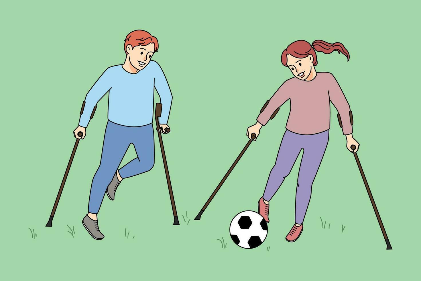 Happy small children with physical disabilities play football outdoors together. Smiling disabled handicapped kids have fun enjoy outside sport activities. Adaptive sports. Vector illustration.