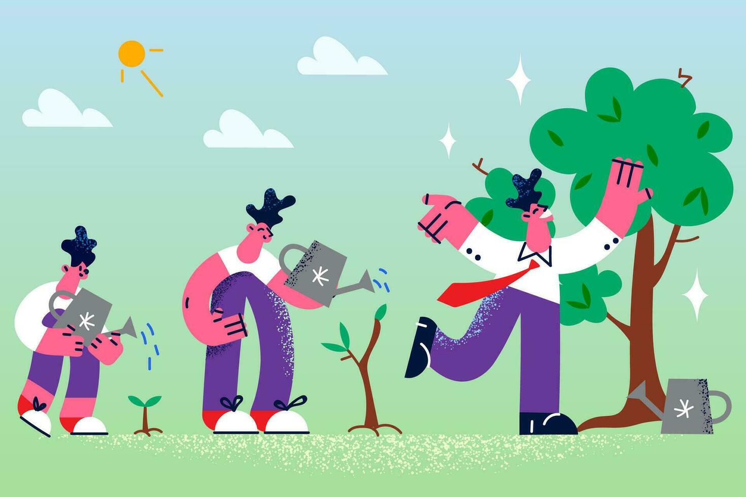 Boy, teen and grownup man take care of tree on different life stages. From seedling to tree cycle. Gardening and greenery. Goal achievement and success metaphor concept. Vector illustration.